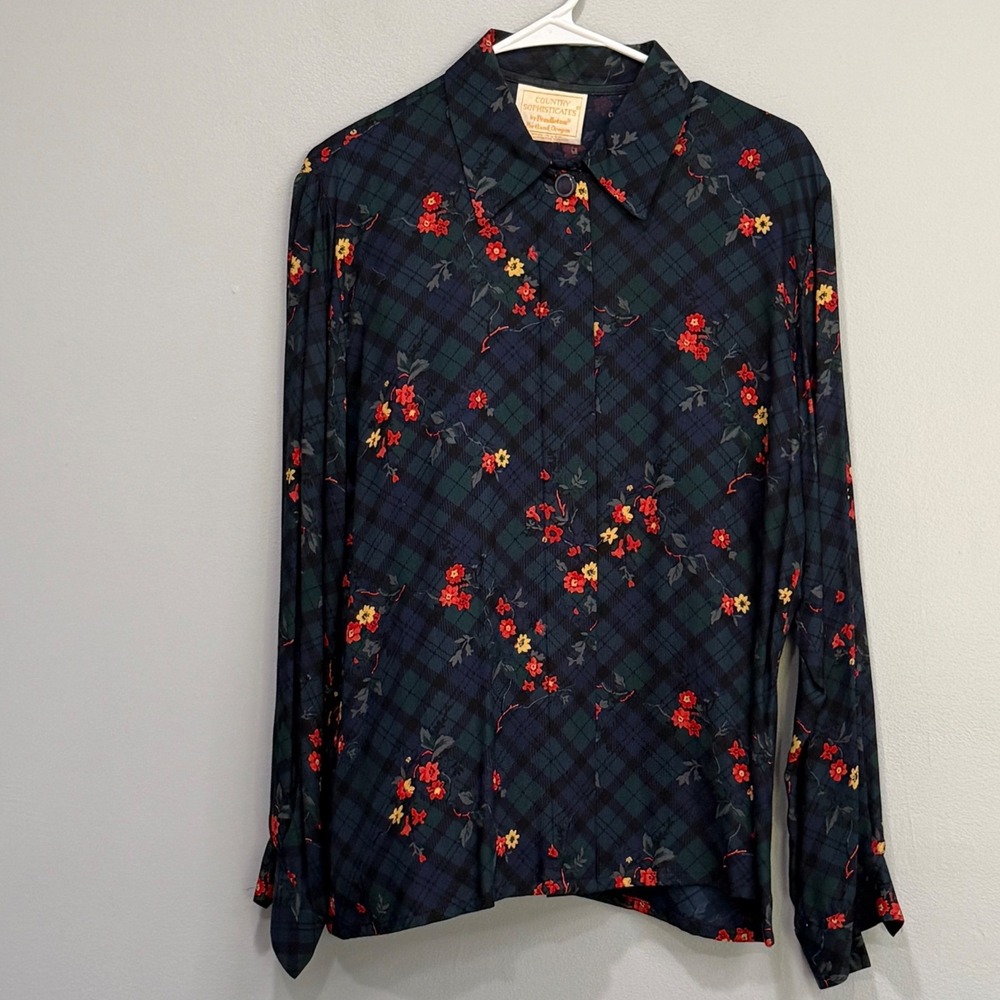Pendleton Country Sophisticates Plaid Floral Rayon Blouse Green Blue Red Size 14